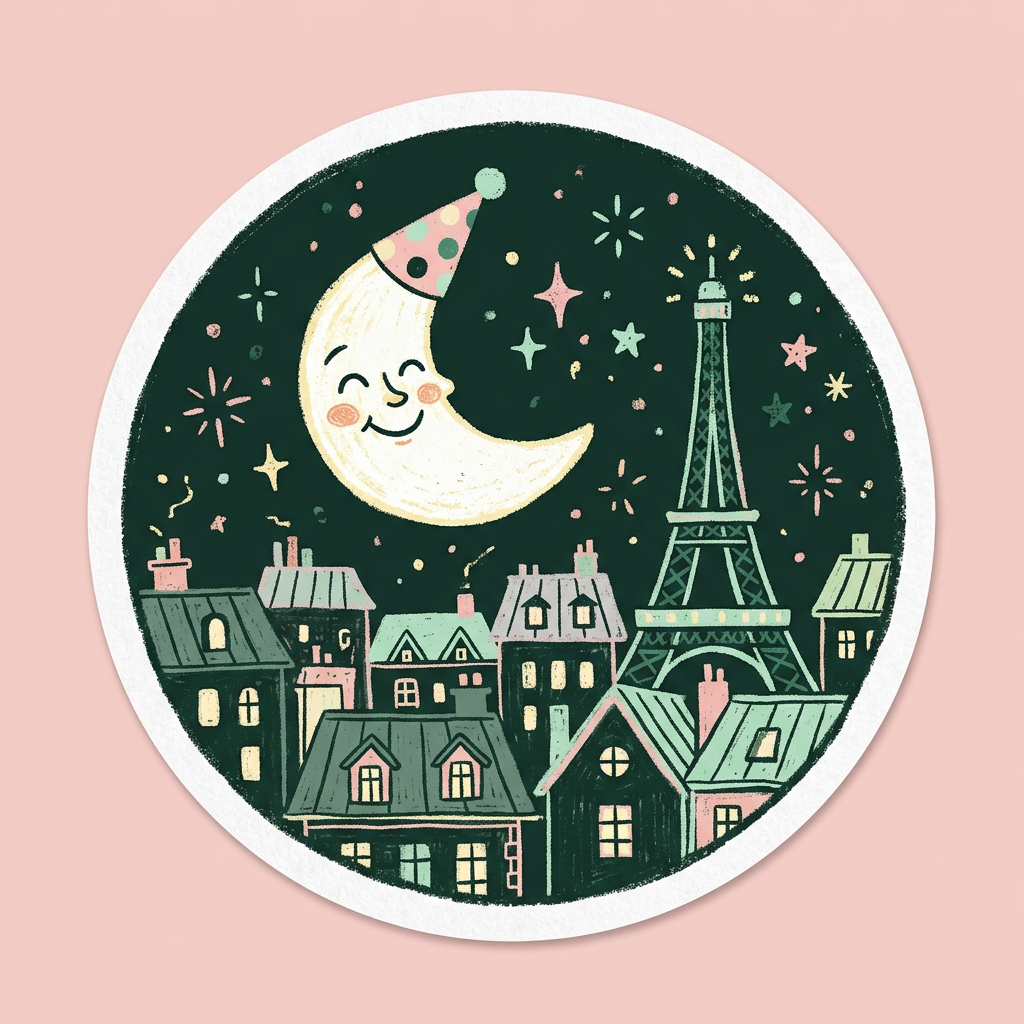 Illustration : une lune souriante en bonnet de fête au-dessus des toits de Paris